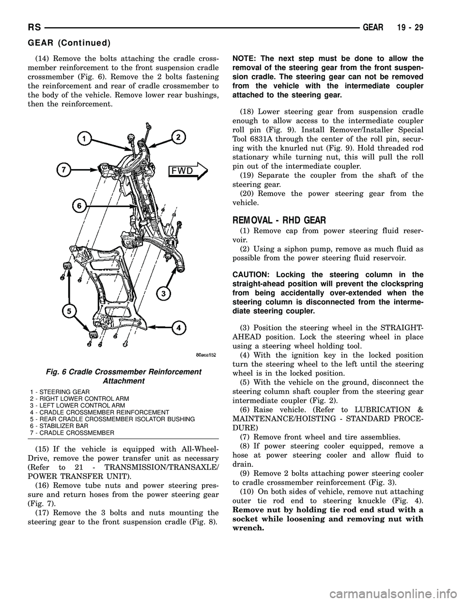 CHRYSLER VOYAGER 2005 Service Manual (14) Remove the bolts attaching the cradle cross-
member reinforcement to the front suspension cradle
crossmember (Fig. 6). Remove the 2 bolts fastening
the reinforcement and rear of cradle crossmembe CHRYSLER VOYAGER 2005 Service Manual (14) Remove the bolts attaching the cradle cross-
member reinforcement to the front suspension cradle
crossmember (Fig. 6). Remove the 2 bolts fastening
the reinforcement and rear of cradle crossmembe