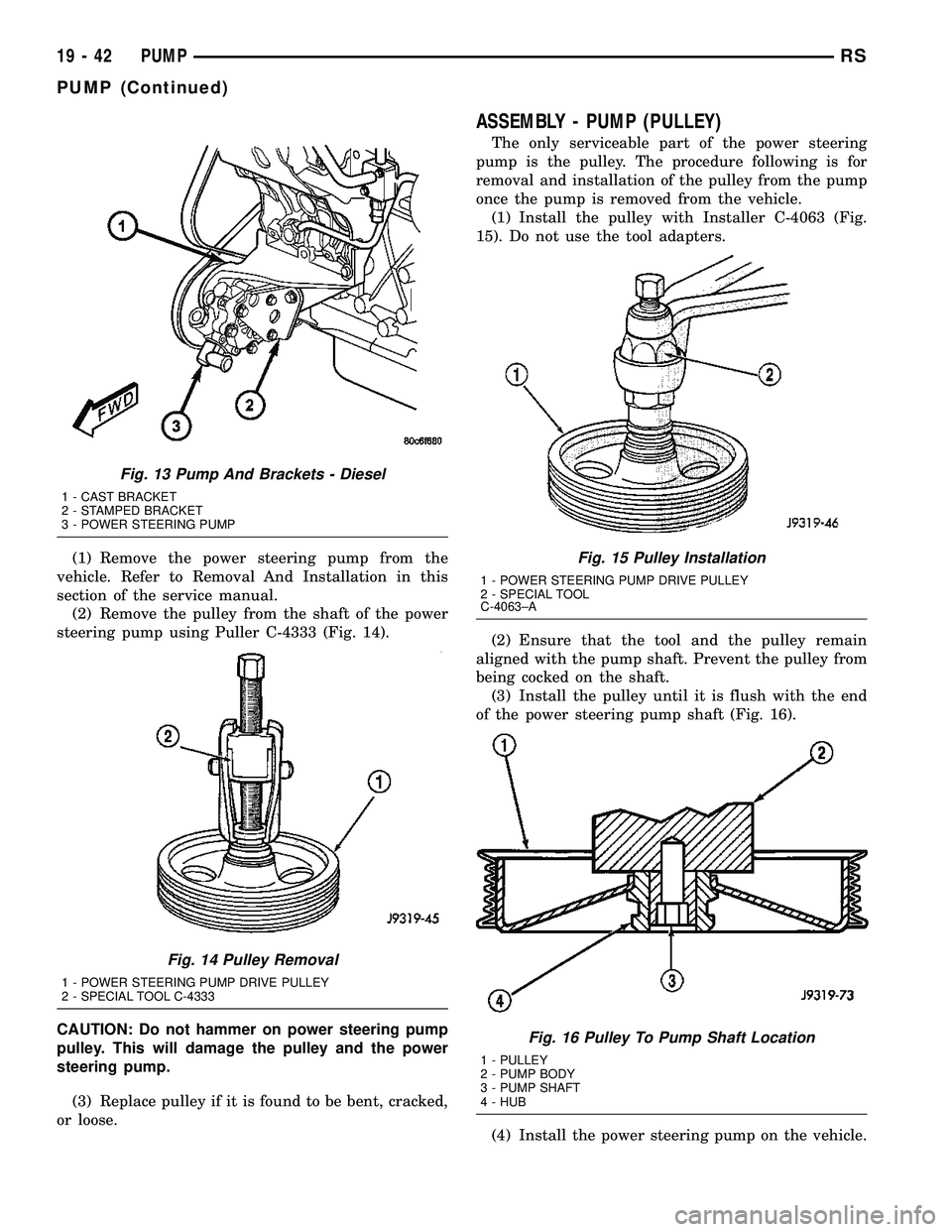 CHRYSLER VOYAGER 2005 Service Manual (1) Remove the power steering pump from the
vehicle. Refer to Removal And Installation in this
section of the service manual.
(2) Remove the pulley from the shaft of the power
steering pump using Pull CHRYSLER VOYAGER 2005 Service Manual (1) Remove the power steering pump from the
vehicle. Refer to Removal And Installation in this
section of the service manual.
(2) Remove the pulley from the shaft of the power
steering pump using Pull
