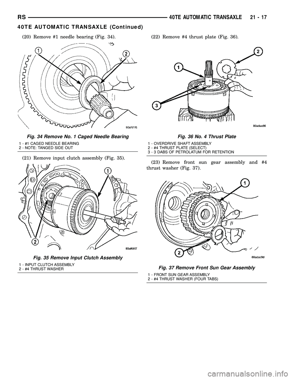 CHRYSLER VOYAGER 2005  Service Manual (20) Remove #1 needle bearing (Fig. 34).
(21) Remove input clutch assembly (Fig. 35).(22) Remove #4 thrust plate (Fig. 36).
(23) Remove front sun gear assembly and #4
thrust washer (Fig. 37).
Fig. 34 