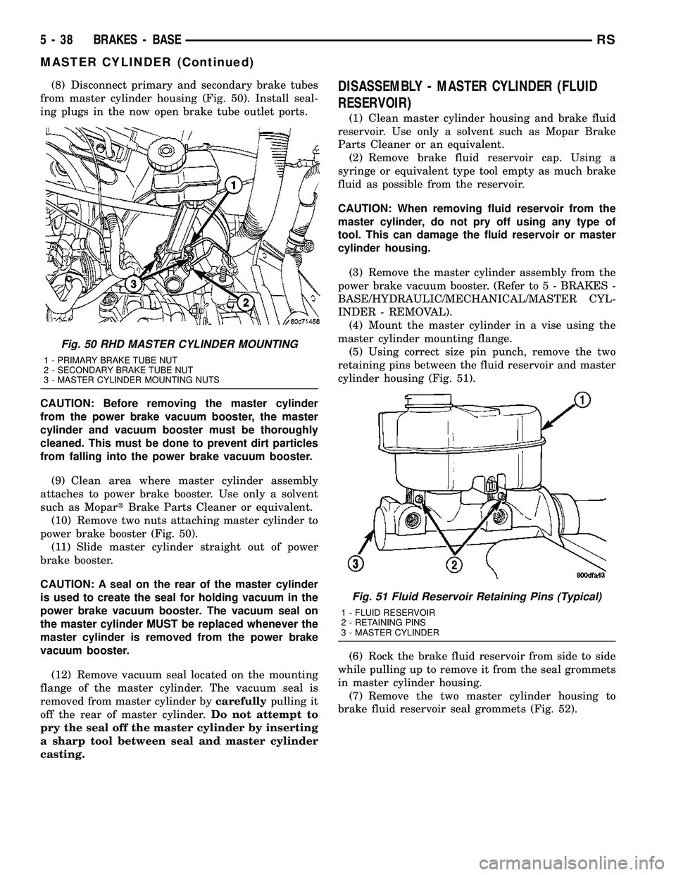 CHRYSLER VOYAGER 2005 Service Manual (8) Disconnect primary and secondary brake tubes
from master cylinder housing (Fig. 50). Install seal-
ing plugs in the now open brake tube outlet ports.
CAUTION: Before removing the master cylinder
f CHRYSLER VOYAGER 2005 Service Manual (8) Disconnect primary and secondary brake tubes
from master cylinder housing (Fig. 50). Install seal-
ing plugs in the now open brake tube outlet ports.
CAUTION: Before removing the master cylinder
f
