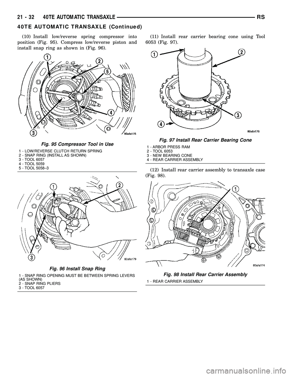 CHRYSLER VOYAGER 2005  Service Manual (10) Install low/reverse spring compressor into
position (Fig. 95). Compress low/reverse piston and
install snap ring as shown in (Fig. 96).(11) Install rear carrier bearing cone using Tool
6053 (Fig.