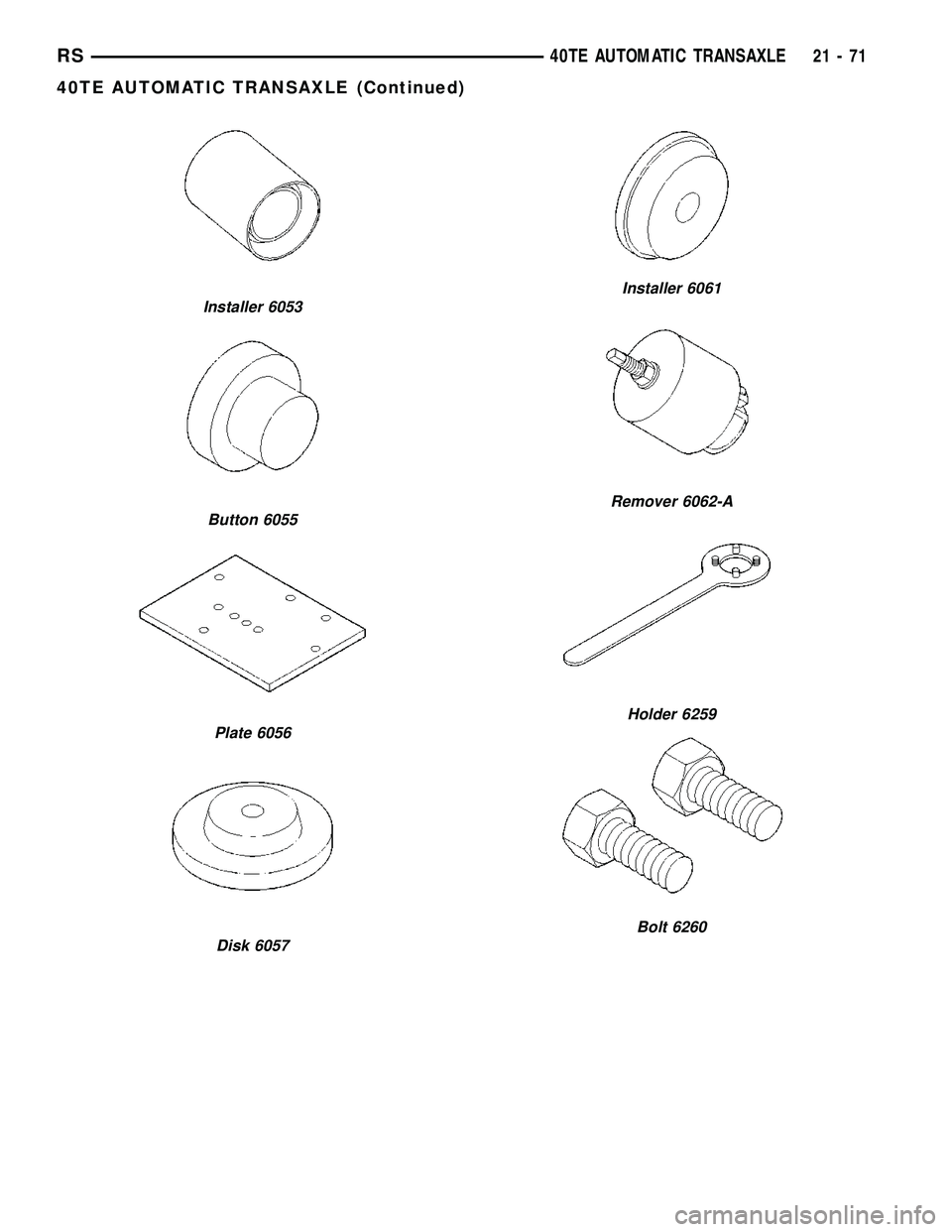 CHRYSLER VOYAGER 2005  Service Manual Installer 6053
Button 6055
Plate 6056
Disk 6057
Installer 6061
Remover 6062-A
Holder 6259
Bolt 6260
RS40TE AUTOMATIC TRANSAXLE21-71
40TE AUTOMATIC TRANSAXLE (Continued) 