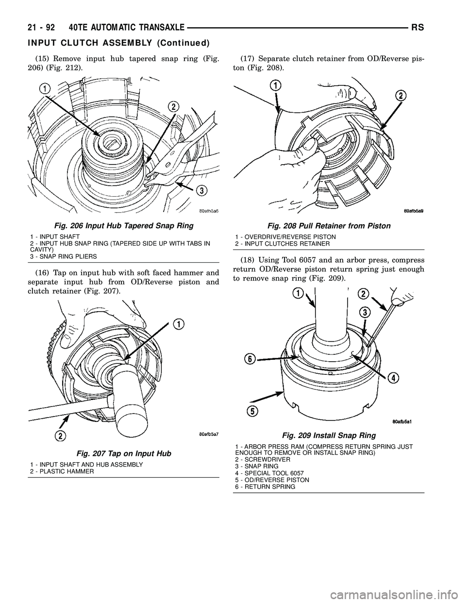 CHRYSLER VOYAGER 2005  Service Manual (15) Remove input hub tapered snap ring (Fig.
206) (Fig. 212).
(16) Tap on input hub with soft faced hammer and
separate input hub from OD/Reverse piston and
clutch retainer (Fig. 207).(17) Separate c
