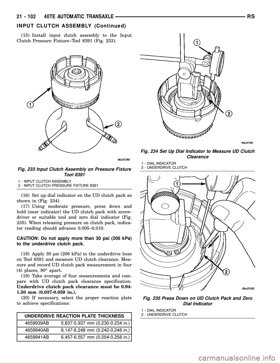 CHRYSLER VOYAGER 2005 Service Manual (15) Install input clutch assembly to the Input
Clutch Pressure Fixture±Tool 8391 (Fig. 233).
(16) Set up dial indicator on the UD clutch pack as
shown in (Fig. 234).
(17) Using moderate pressure, pr CHRYSLER VOYAGER 2005 Service Manual (15) Install input clutch assembly to the Input
Clutch Pressure Fixture±Tool 8391 (Fig. 233).
(16) Set up dial indicator on the UD clutch pack as
shown in (Fig. 234).
(17) Using moderate pressure, pr