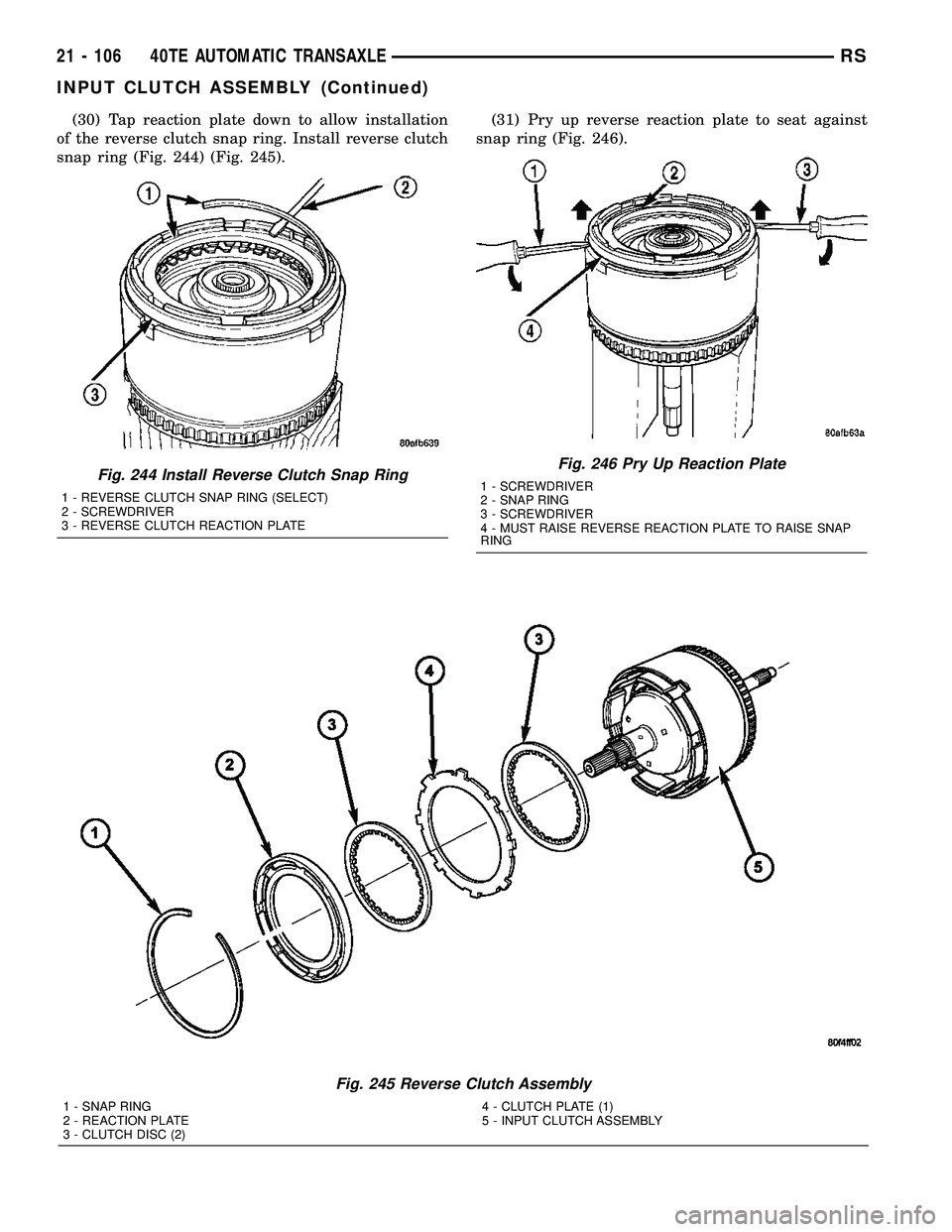 CHRYSLER VOYAGER 2005  Service Manual (30) Tap reaction plate down to allow installation
of the reverse clutch snap ring. Install reverse clutch
snap ring (Fig. 244) (Fig. 245).(31) Pry up reverse reaction plate to seat against
snap ring 