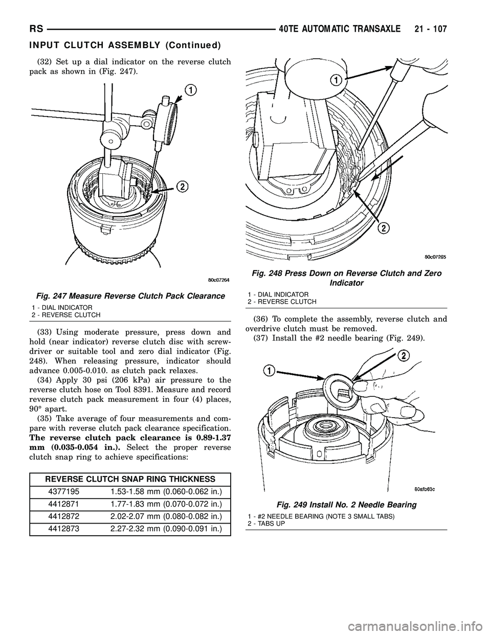 CHRYSLER VOYAGER 2005 Service Manual (32) Set up a dial indicator on the reverse clutch
pack as shown in (Fig. 247).
(33) Using moderate pressure, press down and
hold (near indicator) reverse clutch disc with screw-
driver or suitable to CHRYSLER VOYAGER 2005 Service Manual (32) Set up a dial indicator on the reverse clutch
pack as shown in (Fig. 247).
(33) Using moderate pressure, press down and
hold (near indicator) reverse clutch disc with screw-
driver or suitable to