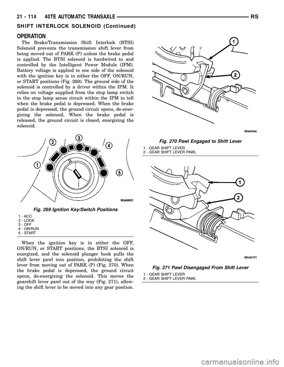 CHRYSLER VOYAGER 2005  Service Manual OPERATION
The Brake/Transmission Shift Interlock (BTSI)
Solenoid prevents the transmission shift lever from
being moved out of PARK (P) unless the brake pedal
is applied. The BTSI solenoid is hardwire