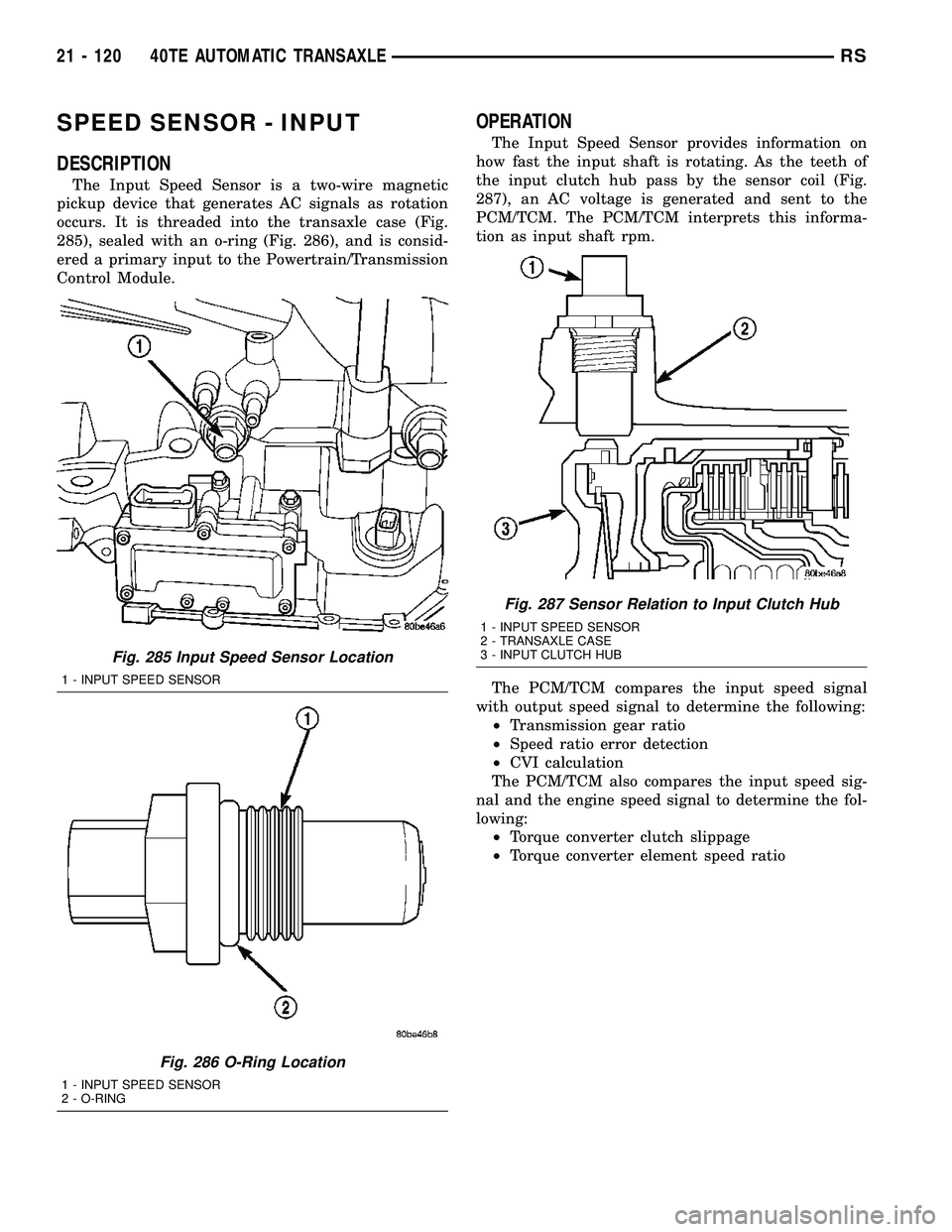 CHRYSLER VOYAGER 2005 Service Manual SPEED SENSOR - INPUT
DESCRIPTION
The Input Speed Sensor is a two-wire magnetic
pickup device that generates AC signals as rotation
occurs. It is threaded into the transaxle case (Fig.
285), sealed wit CHRYSLER VOYAGER 2005 Service Manual SPEED SENSOR - INPUT
DESCRIPTION
The Input Speed Sensor is a two-wire magnetic
pickup device that generates AC signals as rotation
occurs. It is threaded into the transaxle case (Fig.
285), sealed wit