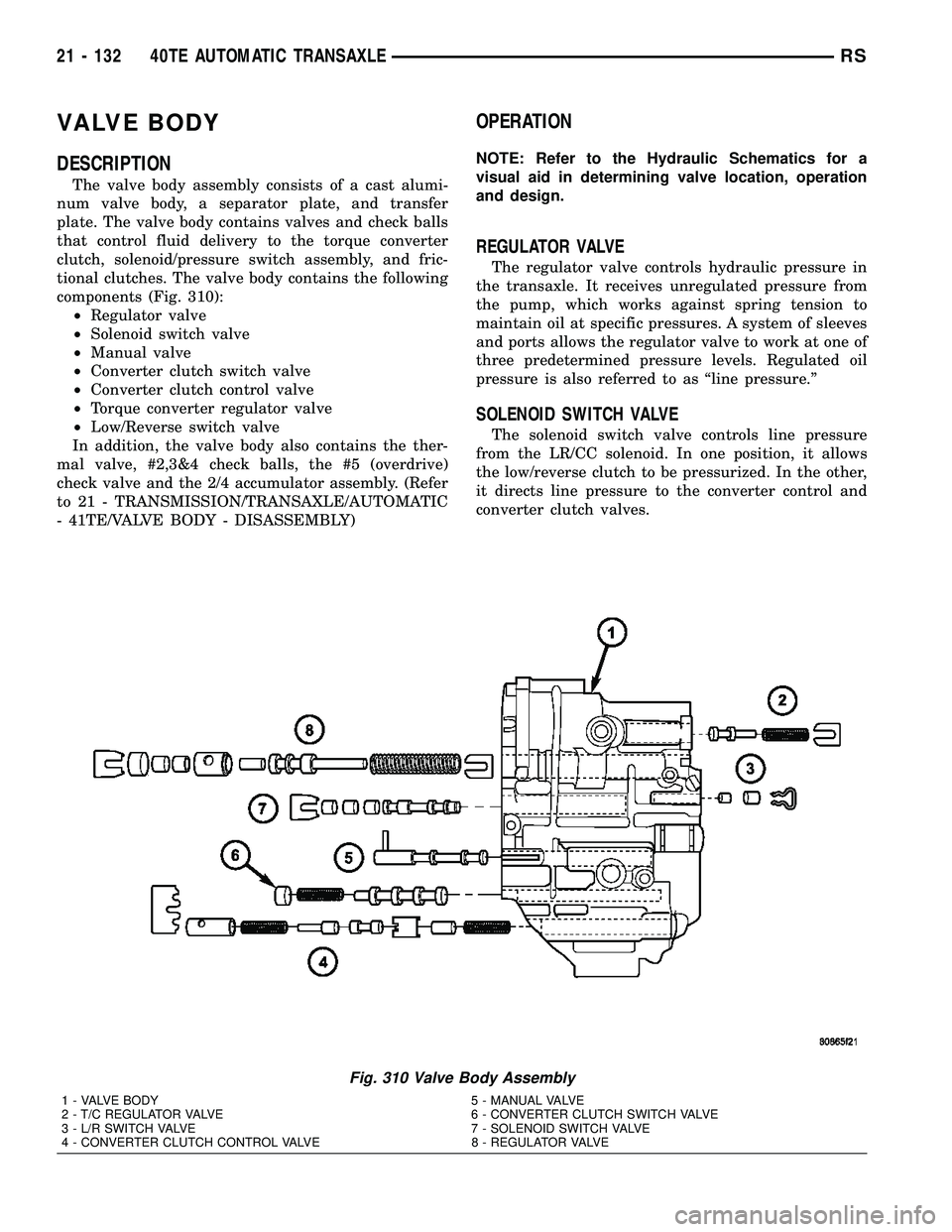 CHRYSLER VOYAGER 2005 Service Manual VALVE BODY
DESCRIPTION
The valve body assembly consists of a cast alumi-
num valve body, a separator plate, and transfer
plate. The valve body contains valves and check balls
that control fluid delive CHRYSLER VOYAGER 2005 Service Manual VALVE BODY
DESCRIPTION
The valve body assembly consists of a cast alumi-
num valve body, a separator plate, and transfer
plate. The valve body contains valves and check balls
that control fluid delive