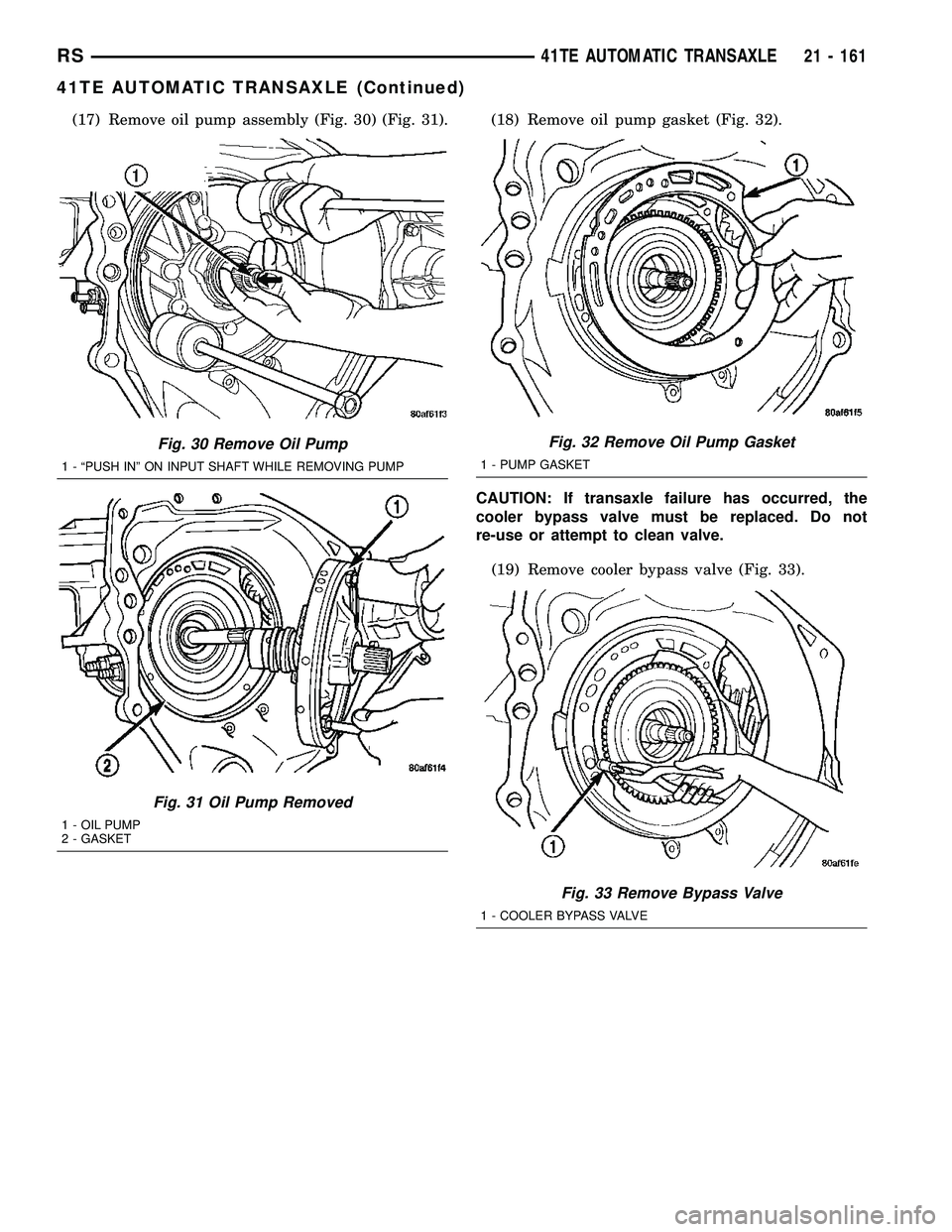 CHRYSLER VOYAGER 2005  Service Manual (17) Remove oil pump assembly (Fig. 30) (Fig. 31). (18) Remove oil pump gasket (Fig. 32).
CAUTION: If transaxle failure has occurred, the
cooler bypass valve must be replaced. Do not
re-use or attempt