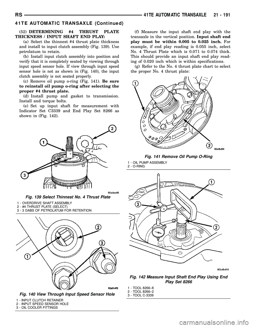 CHRYSLER VOYAGER 2005  Service Manual (52)DETERMINING #4 THRUST PLATE
THICKNESS / INPUT SHAFT END PLAY:
(a) Select the thinnest #4 thrust plate thickness
and install to input clutch assembly (Fig. 139). Use
petrolatum to retain.
(b)
Insta