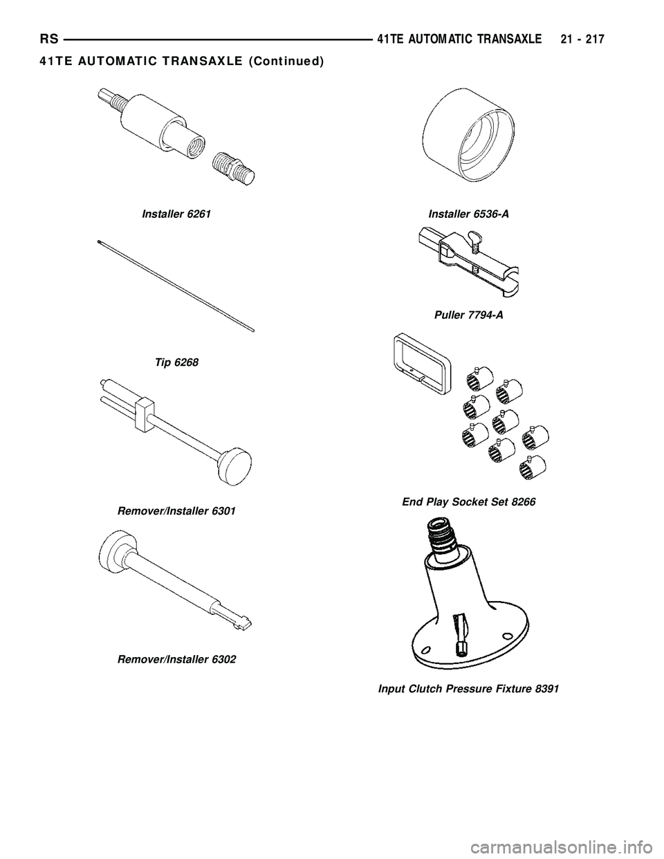 CHRYSLER VOYAGER 2005  Service Manual Installer 6261
Tip 6268
Remover/Installer 6301
Remover/Installer 6302
Installer 6536-A
Puller 7794-A
End Play Socket Set 8266
Input Clutch Pressure Fixture 8391
RS41TE AUTOMATIC TRANSAXLE21 - 217
41TE
