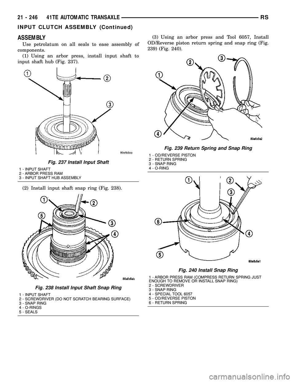 CHRYSLER VOYAGER 2005  Service Manual ASSEMBLY
Use petrolatum on all seals to ease assembly of
components.
(1) Using an arbor press, install input shaft to
input shaft hub (Fig. 237).
(2) Install input shaft snap ring (Fig. 238).(3) Using