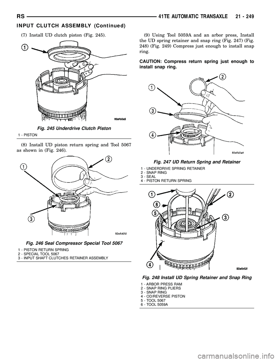 CHRYSLER VOYAGER 2005  Service Manual (7) Install UD clutch piston (Fig. 245).
(8) Install UD piston return spring and Tool 5067
as shown in (Fig. 246).(9) Using Tool 5059A and an arbor press, Install
the UD spring retainer and snap ring 