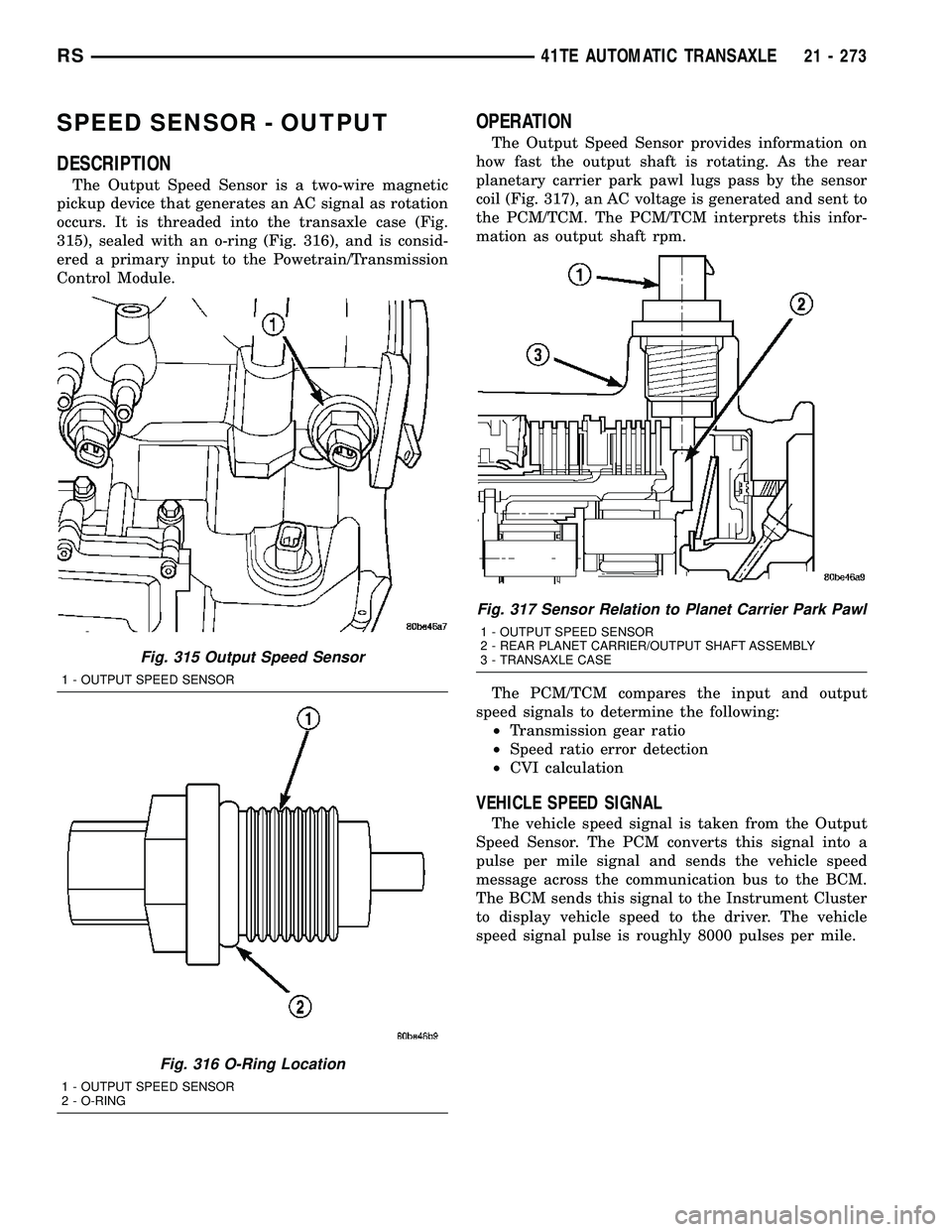 CHRYSLER VOYAGER 2005 Service Manual SPEED SENSOR - OUTPUT
DESCRIPTION
The Output Speed Sensor is a two-wire magnetic
pickup device that generates an AC signal as rotation
occurs. It is threaded into the transaxle case (Fig.
315), sealed CHRYSLER VOYAGER 2005 Service Manual SPEED SENSOR - OUTPUT
DESCRIPTION
The Output Speed Sensor is a two-wire magnetic
pickup device that generates an AC signal as rotation
occurs. It is threaded into the transaxle case (Fig.
315), sealed