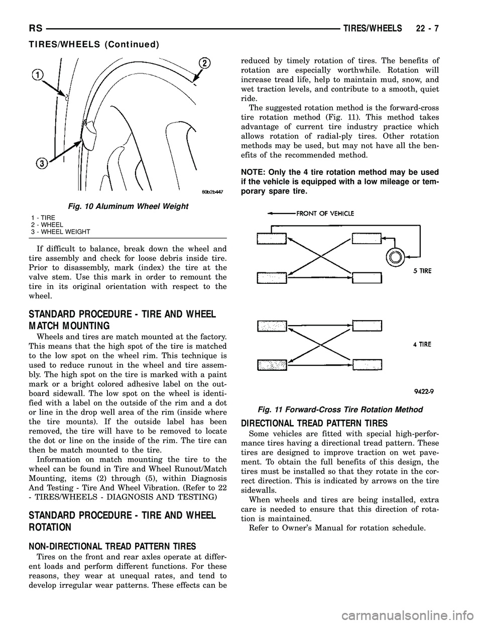 CHRYSLER VOYAGER 2005 Service Manual If difficult to balance, break down the wheel and
tire assembly and check for loose debris inside tire.
Prior to disassembly, mark (index) the tire at the
valve stem. Use this mark in order to remount CHRYSLER VOYAGER 2005 Service Manual If difficult to balance, break down the wheel and
tire assembly and check for loose debris inside tire.
Prior to disassembly, mark (index) the tire at the
valve stem. Use this mark in order to remount