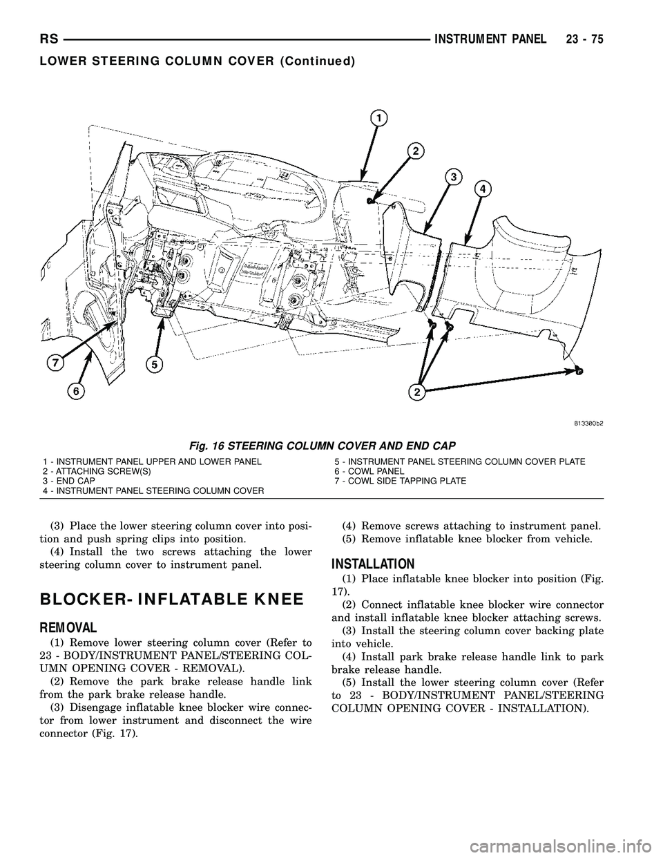 CHRYSLER VOYAGER 2005 Service Manual (3) Place the lower steering column cover into posi-
tion and push spring clips into position.
(4) Install the two screws attaching the lower
steering column cover to instrument panel.
BLOCKER- INFLAT CHRYSLER VOYAGER 2005 Service Manual (3) Place the lower steering column cover into posi-
tion and push spring clips into position.
(4) Install the two screws attaching the lower
steering column cover to instrument panel.
BLOCKER- INFLAT