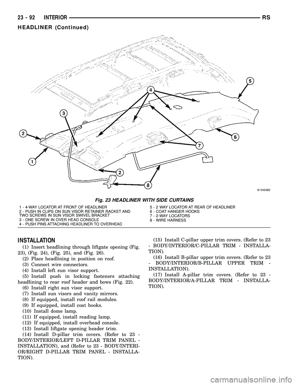 CHRYSLER VOYAGER 2005  Service Manual INSTALLATION
(1) Insert headlining through liftgate opening (Fig.
23), (Fig. 24), (Fig. 25), and (Fig. 26).
(2) Place headlining in position on roof.
(3) Connect wire connectors.
(4) Install left sun 