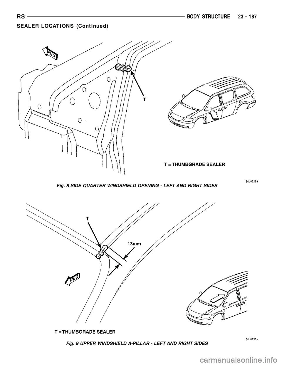 CHRYSLER VOYAGER 2005  Service Manual Fig. 8 SIDE QUARTER WINDSHIELD OPENING - LEFT AND RIGHT SIDES
Fig. 9 UPPER WINDSHIELD A-PILLAR - LEFT AND RIGHT SIDES
RSBODY STRUCTURE23 - 187
SEALER LOCATIONS (Continued) 