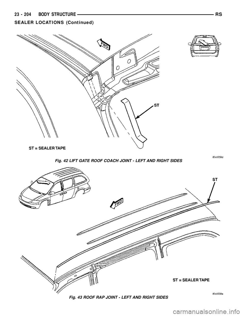 CHRYSLER VOYAGER 2005  Service Manual Fig. 42 LIFT GATE ROOF COACH JOINT - LEFT AND RIGHT SIDES
Fig. 43 ROOF RAP JOINT - LEFT AND RIGHT SIDES
23 - 204 BODY STRUCTURERS
SEALER LOCATIONS (Continued) 
