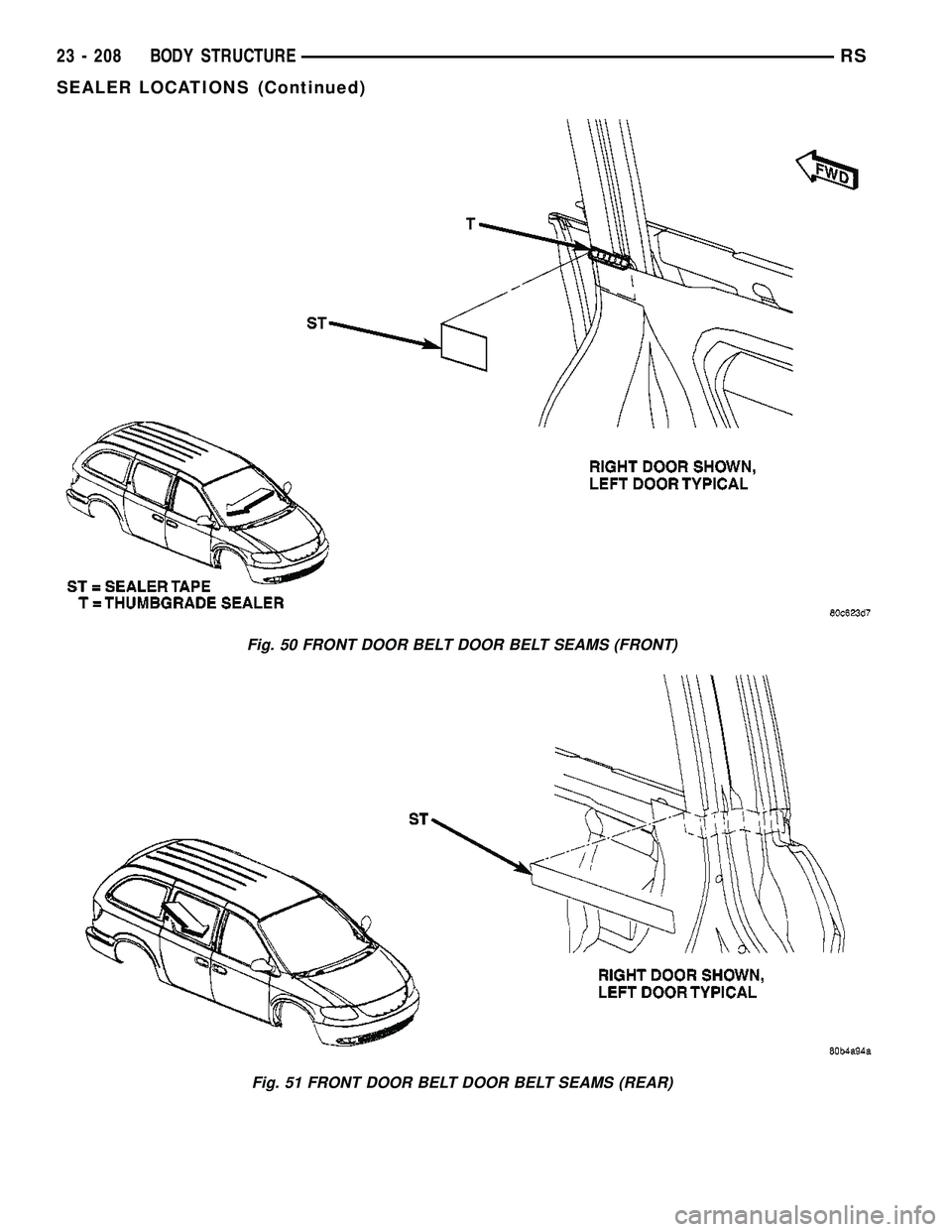 CHRYSLER VOYAGER 2005  Service Manual Fig. 50 FRONT DOOR BELT DOOR BELT SEAMS (FRONT)
Fig. 51 FRONT DOOR BELT DOOR BELT SEAMS (REAR)
23 - 208 BODY STRUCTURERS
SEALER LOCATIONS (Continued) 