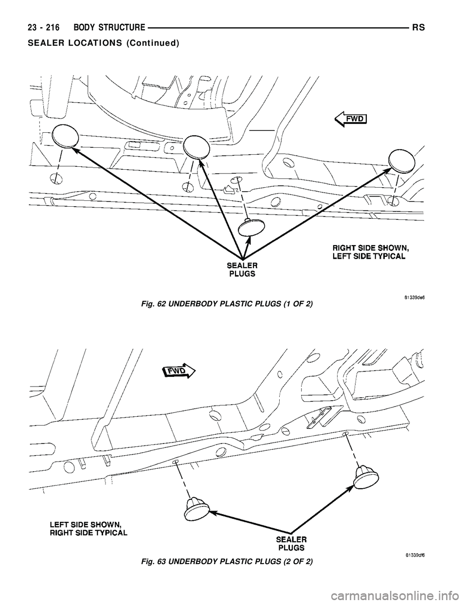 CHRYSLER VOYAGER 2005  Service Manual Fig. 62 UNDERBODY PLASTIC PLUGS (1 OF 2)
Fig. 63 UNDERBODY PLASTIC PLUGS (2 OF 2)
23 - 216 BODY STRUCTURERS
SEALER LOCATIONS (Continued) 