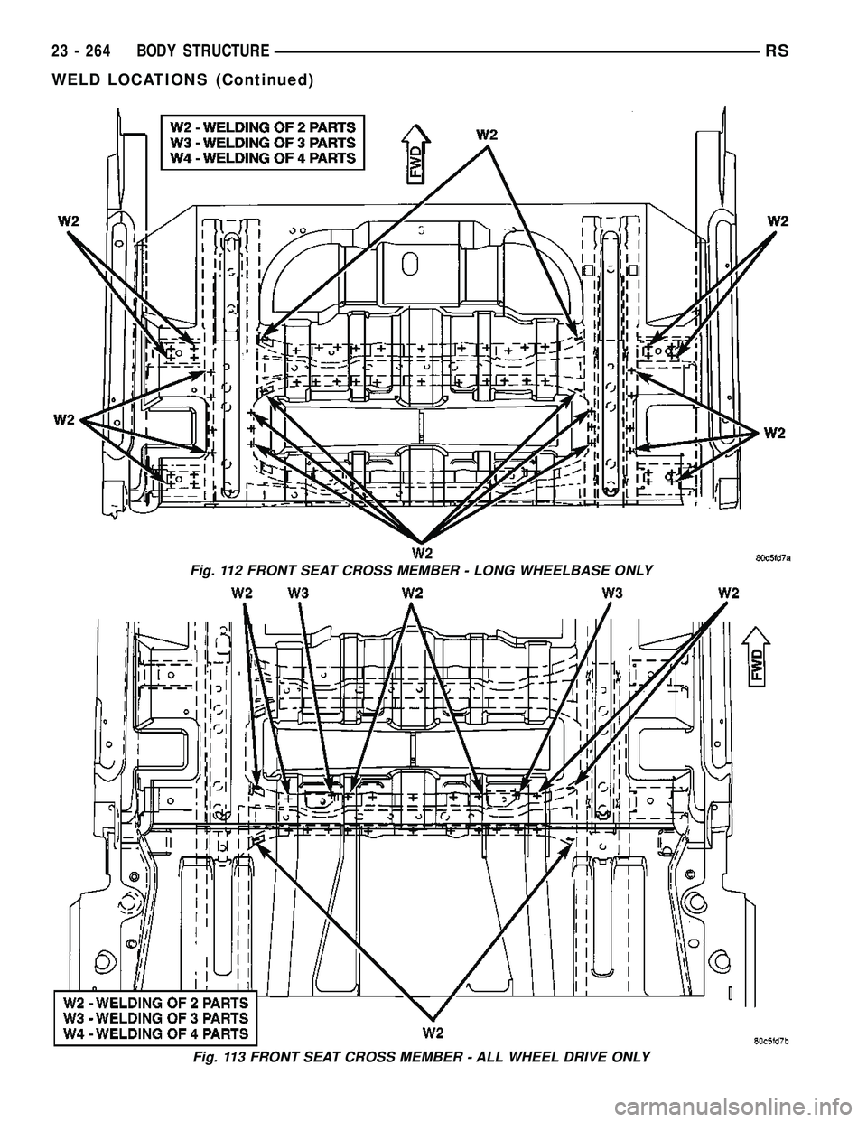 CHRYSLER VOYAGER 2005  Service Manual Fig. 112 FRONT SEAT CROSS MEMBER - LONG WHEELBASE ONLY
Fig. 113 FRONT SEAT CROSS MEMBER - ALL WHEEL DRIVE ONLY
23 - 264 BODY STRUCTURERS
WELD LOCATIONS (Continued) 