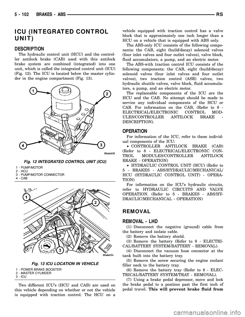 CHRYSLER VOYAGER 2005  Service Manual ICU (INTEGRATED CONTROL
UNIT)
DESCRIPTION
The hydraulic control unit (HCU) and the control-
ler antilock brake (CAB) used with this antilock
brake system are combined (integrated) into one
unit, which