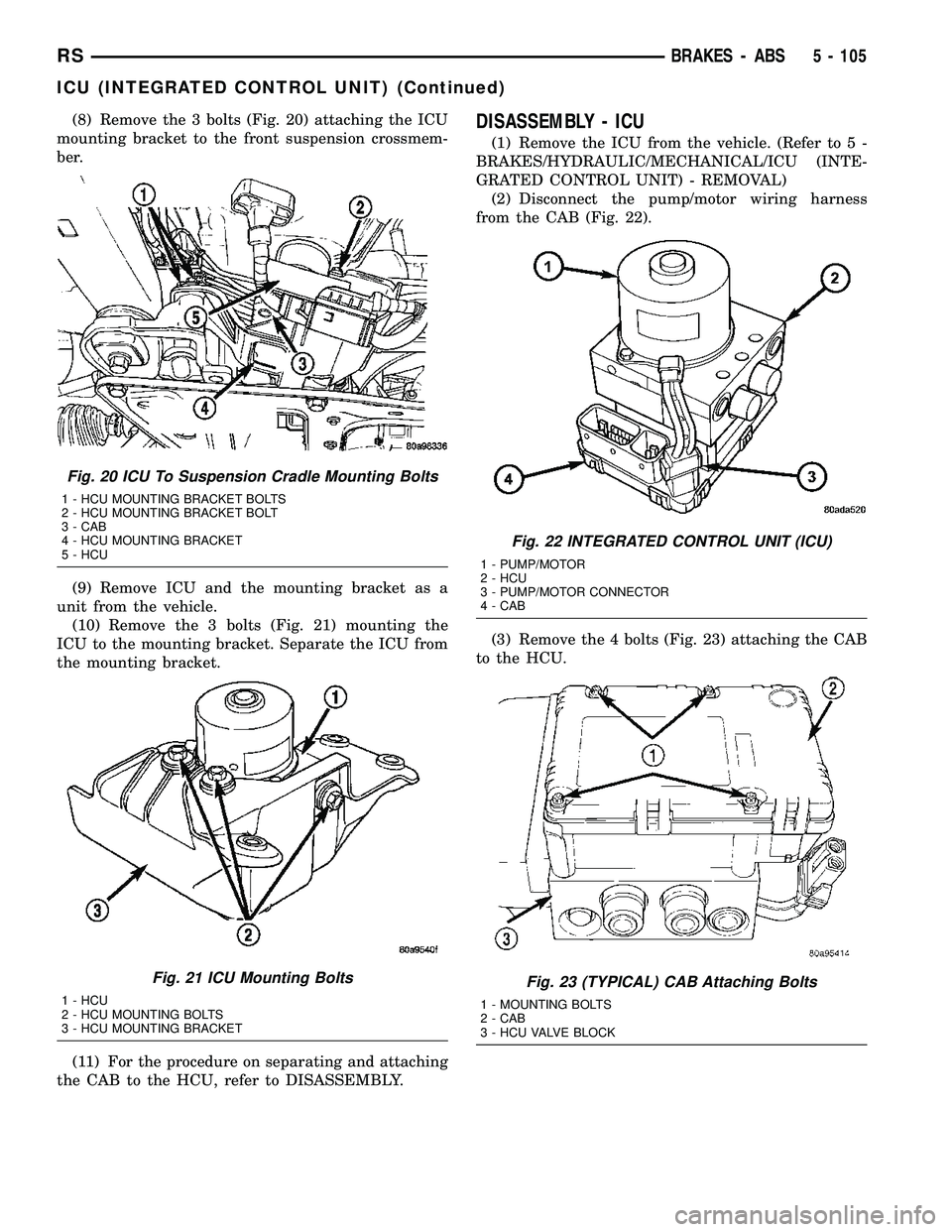 CHRYSLER VOYAGER 2005 Service Manual (8) Remove the 3 bolts (Fig. 20) attaching the ICU
mounting bracket to the front suspension crossmem-
ber.
(9) Remove ICU and the mounting bracket as a
unit from the vehicle.
(10) Remove the 3 bolts ( CHRYSLER VOYAGER 2005 Service Manual (8) Remove the 3 bolts (Fig. 20) attaching the ICU
mounting bracket to the front suspension crossmem-
ber.
(9) Remove ICU and the mounting bracket as a
unit from the vehicle.
(10) Remove the 3 bolts (