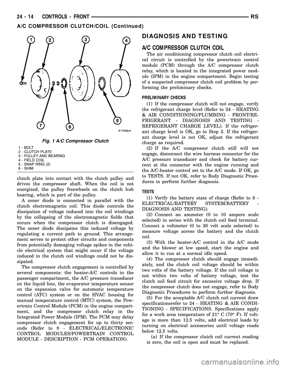 CHRYSLER VOYAGER 2005 Service Manual clutch plate into contact with the clutch pulley and
drives the compressor shaft. When the coil is not
energized, the pulley freewheels on the clutch hub
bearing, which is part of the pulley.
A zener CHRYSLER VOYAGER 2005 Service Manual clutch plate into contact with the clutch pulley and
drives the compressor shaft. When the coil is not
energized, the pulley freewheels on the clutch hub
bearing, which is part of the pulley.
A zener