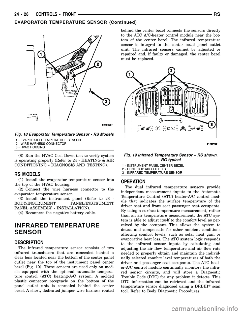 CHRYSLER VOYAGER 2005  Service Manual (8) Run the HVAC Cool Down test to verify system
is operating properly (Refer to 24 - HEATING & AIR
CONDITIONING - DIAGNOSIS AND TESTING).
RS MODELS
(1) Install the evaporator temperature sensor into
