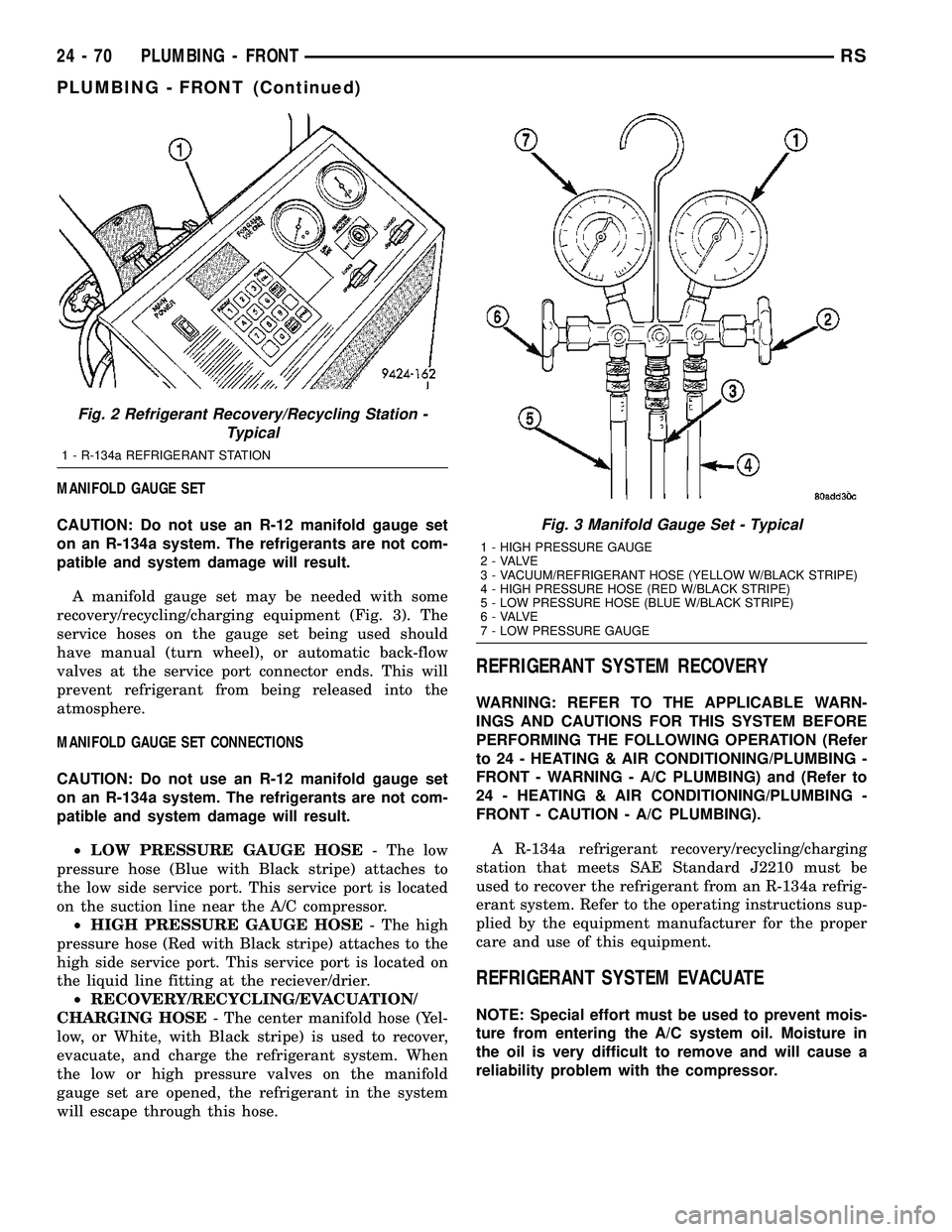 CHRYSLER VOYAGER 2005 Service Manual MANIFOLD GAUGE SET
CAUTION: Do not use an R-12 manifold gauge set
on an R-134a system. The refrigerants are not com-
patible and system damage will result.
A manifold gauge set may be needed with some CHRYSLER VOYAGER 2005 Service Manual MANIFOLD GAUGE SET
CAUTION: Do not use an R-12 manifold gauge set
on an R-134a system. The refrigerants are not com-
patible and system damage will result.
A manifold gauge set may be needed with some