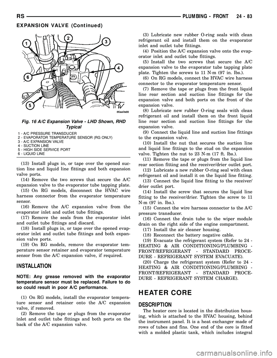 CHRYSLER VOYAGER 2005  Service Manual (13) Install plugs in, or tape over the opened suc-
tion line and liquid line fittings and both expansion
valve ports.
(14) Remove the two screws that secure the A/C
expansion valve to the evaporator 