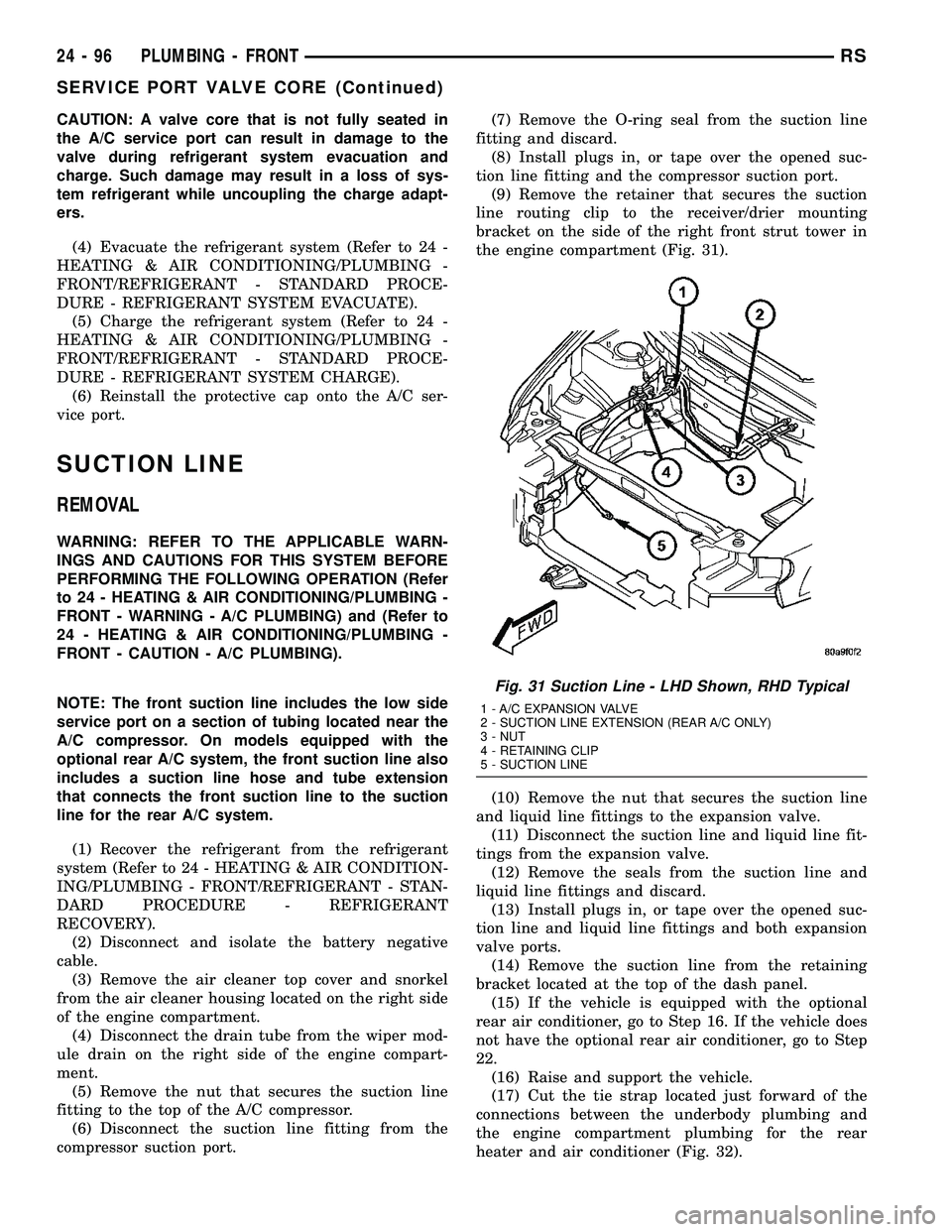 CHRYSLER VOYAGER 2005  Service Manual CAUTION: A valve core that is not fully seated in
the A/C service port can result in damage to the
valve during refrigerant system evacuation and
charge. Such damage may result in a loss of sys-
tem r