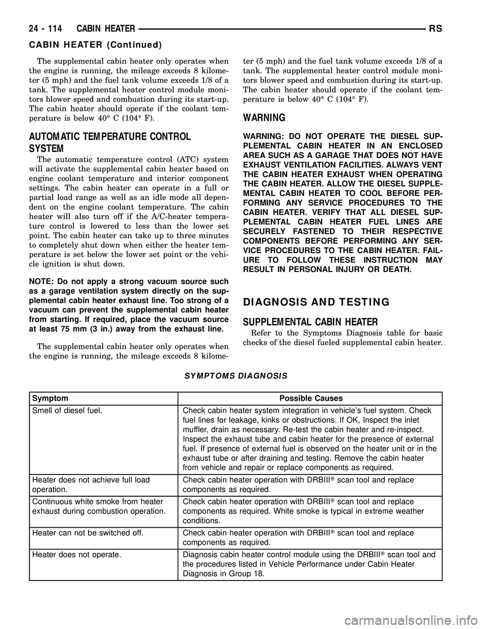 CHRYSLER VOYAGER 2005 Service Manual The supplemental cabin heater only operates when
the engine is running, the mileage exceeds 8 kilome-
ter (5 mph) and the fuel tank volume exceeds 1/8 of a
tank. The supplemental heater control module CHRYSLER VOYAGER 2005 Service Manual The supplemental cabin heater only operates when
the engine is running, the mileage exceeds 8 kilome-
ter (5 mph) and the fuel tank volume exceeds 1/8 of a
tank. The supplemental heater control module