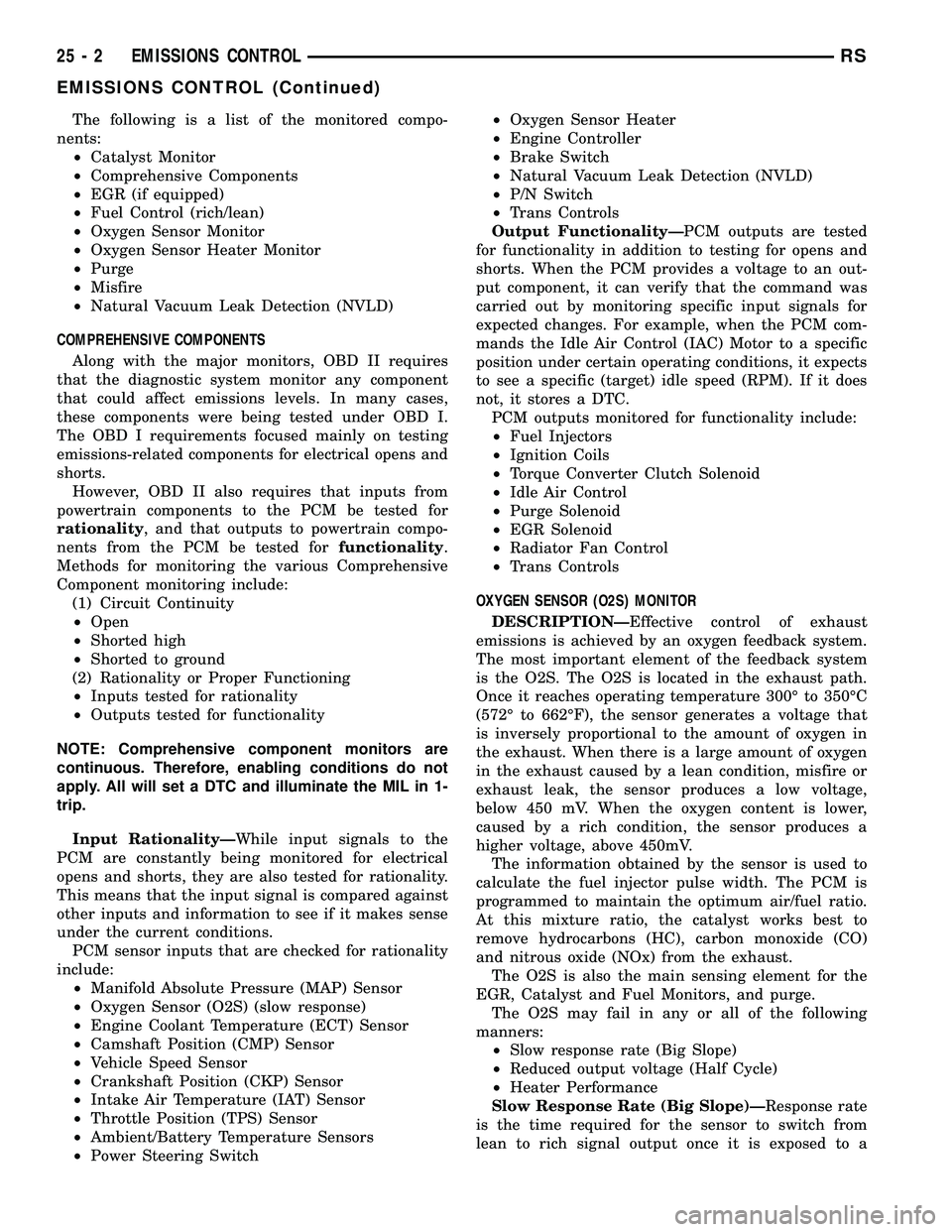 CHRYSLER VOYAGER 2005  Service Manual The following is a list of the monitored compo-
nents:
²Catalyst Monitor
²Comprehensive Components
²EGR (if equipped)
²Fuel Control (rich/lean)
²Oxygen Sensor Monitor
²Oxygen Sensor Heater Monit