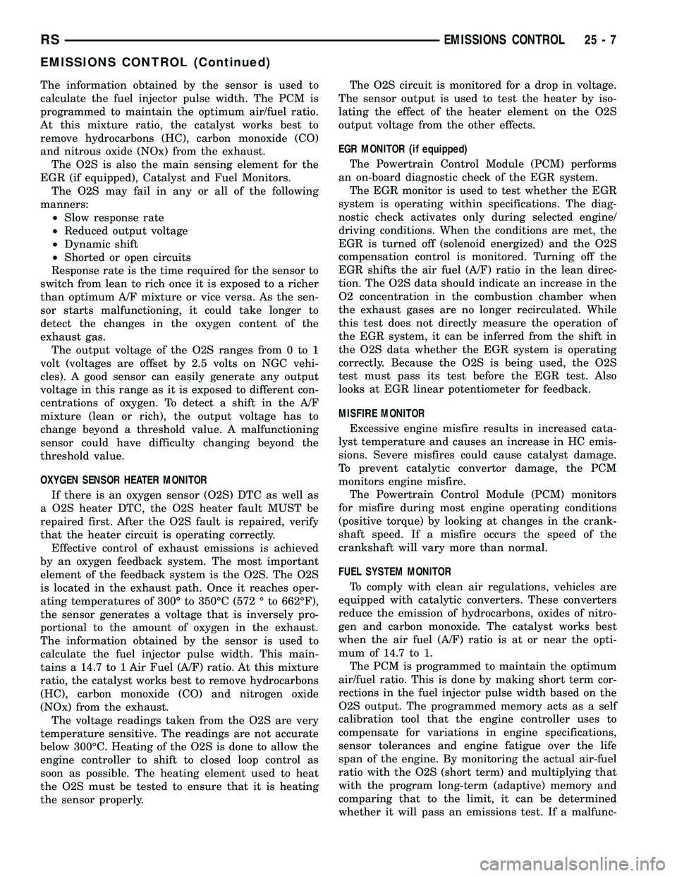 CHRYSLER VOYAGER 2005  Service Manual The information obtained by the sensor is used to
calculate the fuel injector pulse width. The PCM is
programmed to maintain the optimum air/fuel ratio.
At this mixture ratio, the catalyst works best 