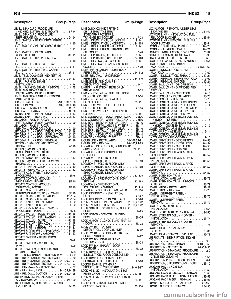 CHRYSLER VOYAGER 2005  Service Manual LEVEL, STANDARD PROCEDURE -CHECKING BATTERY ELECTROLYTE ......8F-14
LEVEL, STANDARD PROCEDURE - REFRIGERANT OIL ................... 24-94
LEVEL SWITCH - DESCRIPTION, BRAKE FLUID ......................