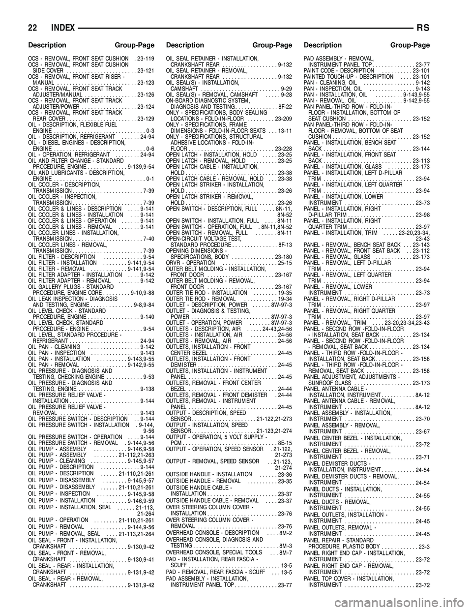 CHRYSLER VOYAGER 2005 Service Manual OCS - REMOVAL, FRONT SEAT CUSHION . 23-119
OCS - REMOVAL, FRONT SEAT CUSHIONSIDE COVER ....................... 23-121
OCS - REMOVAL, FRONT SEAT RISER - MANUAL .......................... 23-123
OCS - R CHRYSLER VOYAGER 2005 Service Manual OCS - REMOVAL, FRONT SEAT CUSHION . 23-119
OCS - REMOVAL, FRONT SEAT CUSHIONSIDE COVER ....................... 23-121
OCS - REMOVAL, FRONT SEAT RISER - MANUAL .......................... 23-123
OCS - R