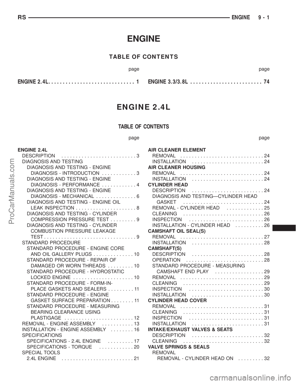CHRYSLER VOYAGER 2003  Service Manual ENGINE
TABLE OF CONTENTS
page page
ENGINE 2.4L.............................. 1ENGINE 3.3/3.8L......................... 74
ENGINE 2.4L
TABLE OF CONTENTS
page page
ENGINE 2.4L
DESCRIPTION...............