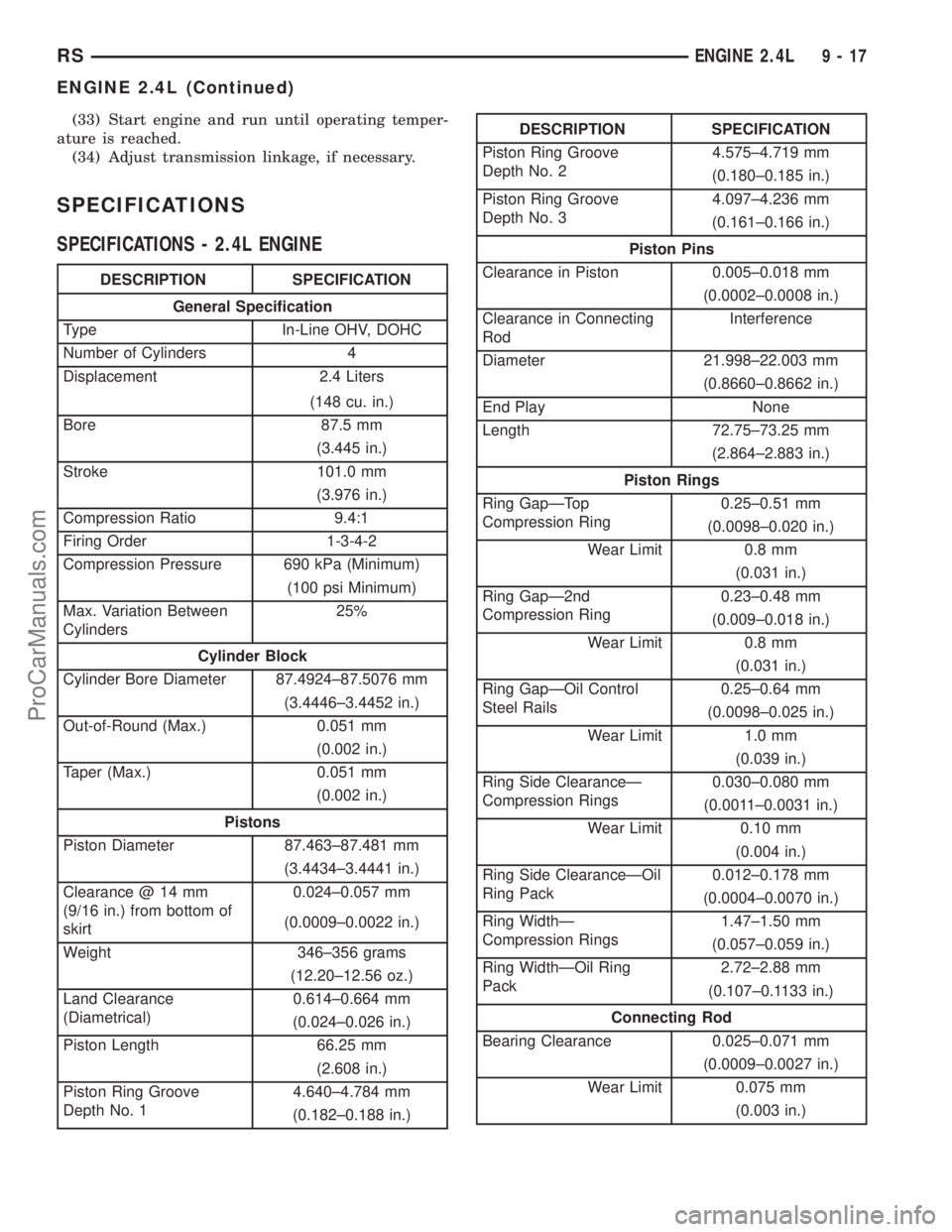 CHRYSLER VOYAGER 2003  Service Manual (33) Start engine and run until operating temper-
ature is reached.
(34) Adjust transmission linkage, if necessary.
SPECIFICATIONS
SPECIFICATIONS - 2.4L ENGINE
DESCRIPTION SPECIFICATION
General Specif