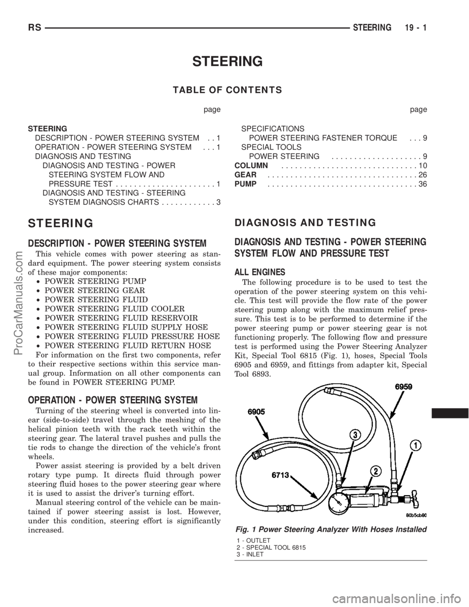 CHRYSLER VOYAGER 2003  Service Manual STEERING
TABLE OF CONTENTS
page page
STEERING
DESCRIPTION - POWER STEERING SYSTEM . . 1
OPERATION - POWER STEERING SYSTEM . . . 1
DIAGNOSIS AND TESTING
DIAGNOSIS AND TESTING - POWER
STEERING SYSTEM FL