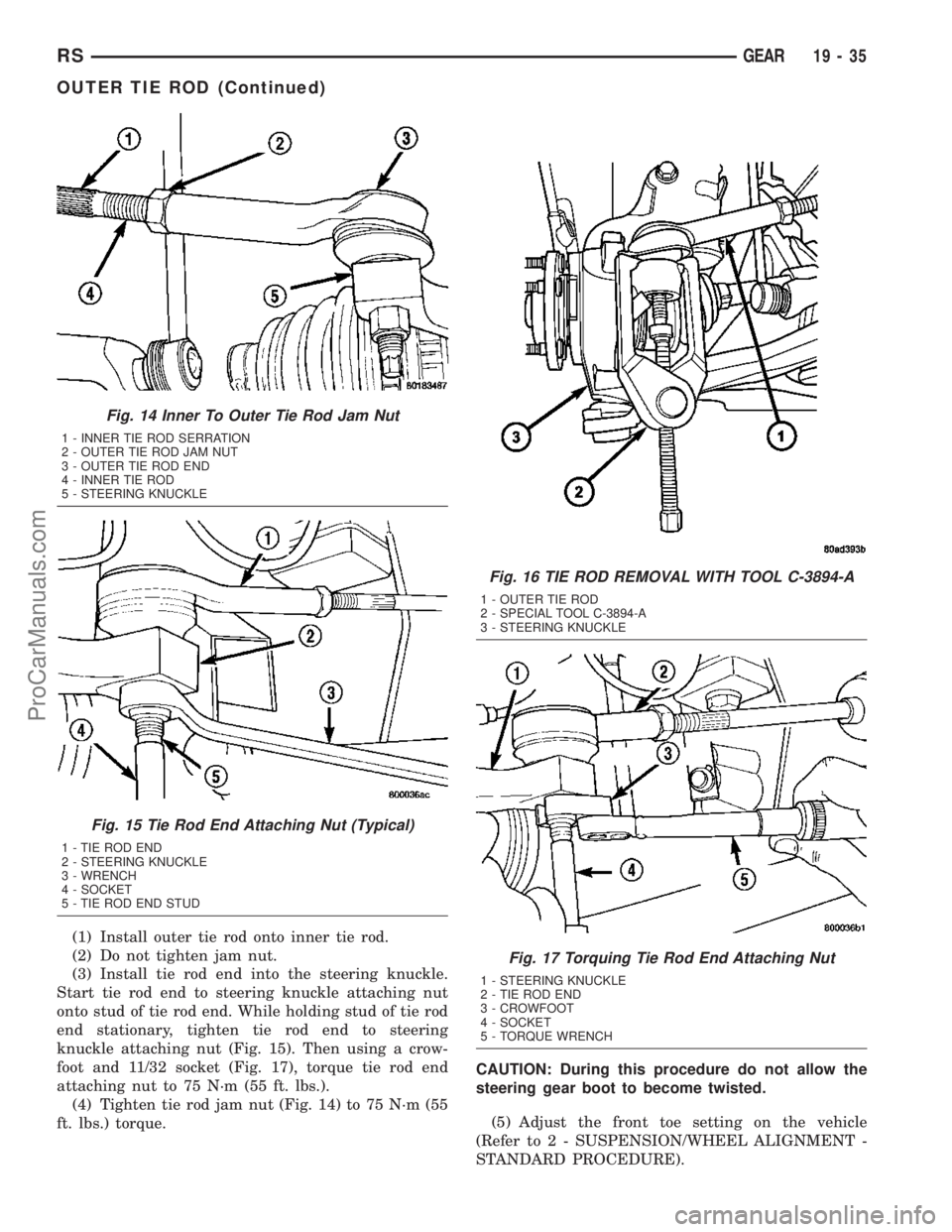 CHRYSLER VOYAGER 2003  Service Manual (1) Install outer tie rod onto inner tie rod.
(2) Do not tighten jam nut.
(3) Install tie rod end into the steering knuckle.
Start tie rod end to steering knuckle attaching nut
onto stud of tie rod en