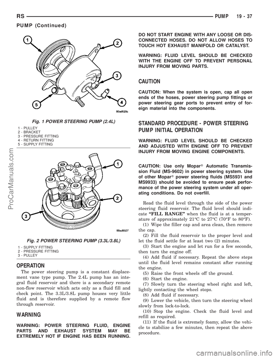 CHRYSLER VOYAGER 2003  Service Manual OPERATION
The power steering pump is a constant displace-
ment vane type pump. The 2.4L pump has an inte-
gral fluid reservoir and there is a secondary remote
non-flow reservoir which acts only as a f