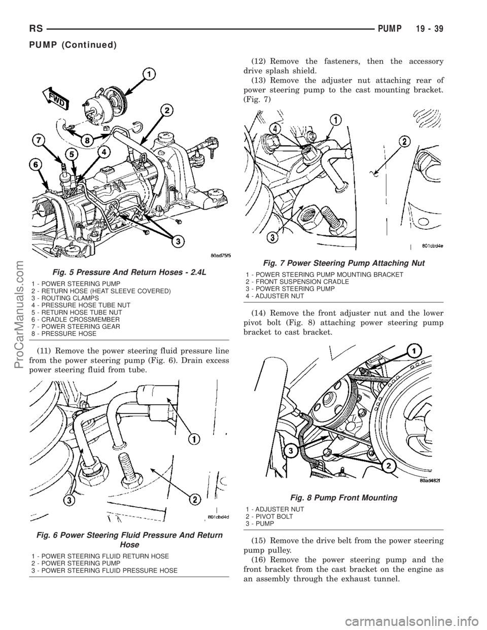 CHRYSLER VOYAGER 2003  Service Manual (11) Remove the power steering fluid pressure line
from the power steering pump (Fig. 6). Drain excess
power steering fluid from tube.(12) Remove the fasteners, then the accessory
drive splash shield.