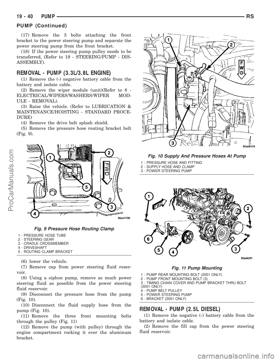 CHRYSLER VOYAGER 2003  Service Manual (17) Remove the 3 bolts attaching the front
bracket to the power steering pump and separate the
power steering pump from the front bracket.
(18) If the power steering pump pulley needs to be
transferr
