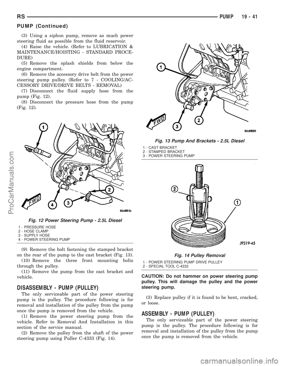 CHRYSLER VOYAGER 2003  Service Manual (3) Using a siphon pump, remove as much power
steering fluid as possible from the fluid reservoir.
(4) Raise the vehicle. (Refer to LUBRICATION &
MAINTENANCE/HOISTING - STANDARD PROCE-
DURE)
(5) Remov