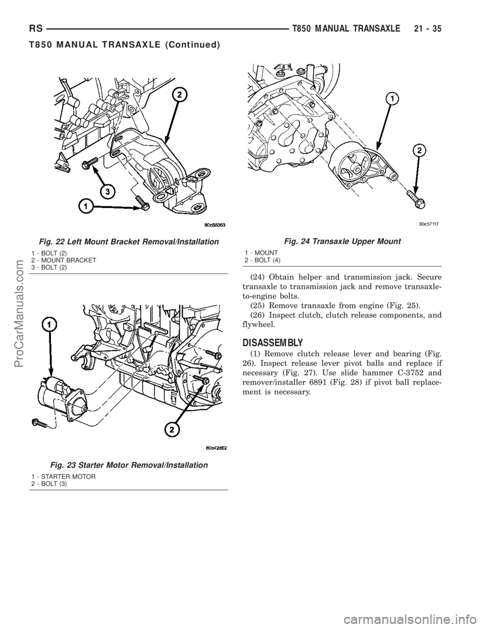 CHRYSLER VOYAGER 2003  Service Manual (24) Obtain helper and transmission jack. Secure
transaxle to transmission jack and remove transaxle-
to-engine bolts.
(25) Remove transaxle from engine (Fig. 25).
(26) Inspect clutch, clutch release 