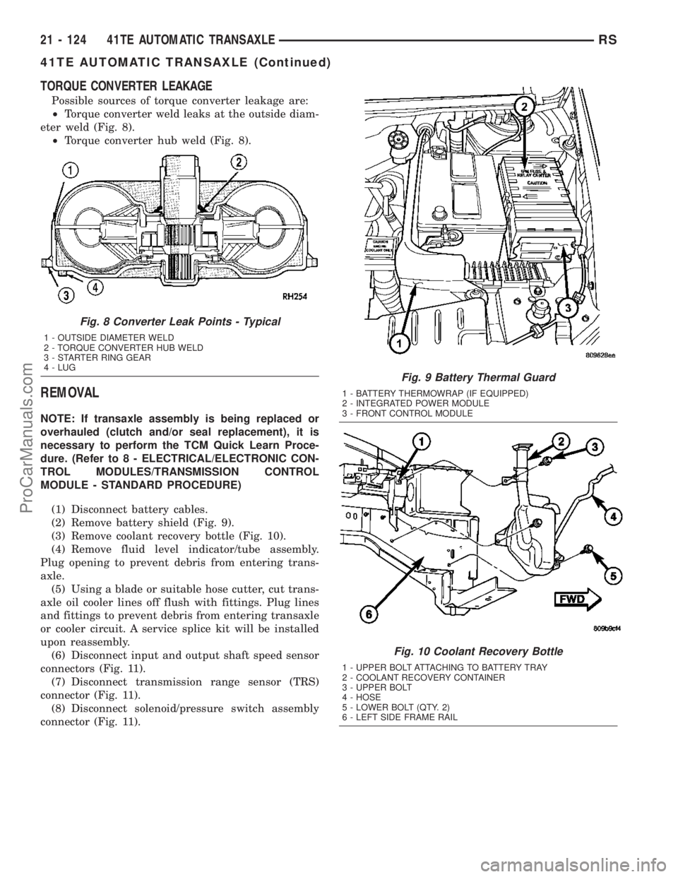 CHRYSLER VOYAGER 2003  Service Manual TORQUE CONVERTER LEAKAGE
Possible sources of torque converter leakage are:
²Torque converter weld leaks at the outside diam-
eter weld (Fig. 8).
²Torque converter hub weld (Fig. 8).
REMOVAL
NOTE: If