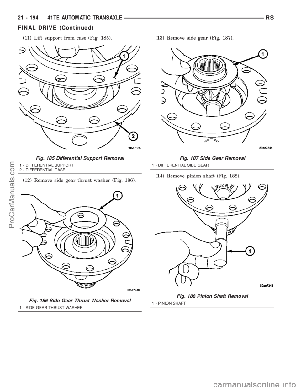 CHRYSLER VOYAGER 2003  Service Manual (11) Lift support from case (Fig. 185).
(12) Remove side gear thrust washer (Fig. 186).(13) Remove side gear (Fig. 187).
(14) Remove pinion shaft (Fig. 188).
Fig. 185 Differential Support Removal
1 - 
